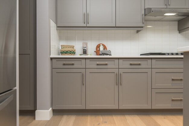 Beautiful shot of a modern house kitchen shelves and drawers