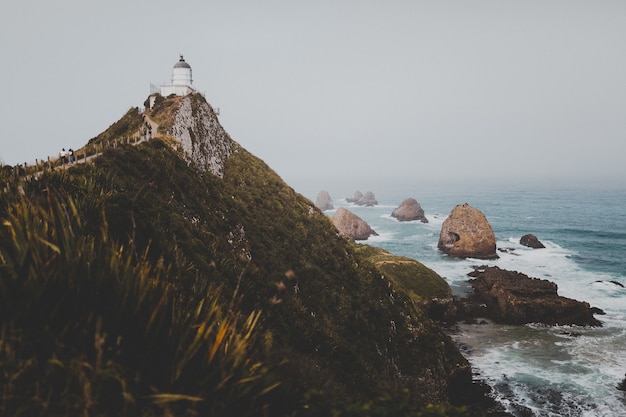 Красивый снимок маяка наггет-пойнт ахурири в новой зеландии