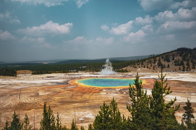 Beautiful shot of an oasis surrounded by land and a forested mountains