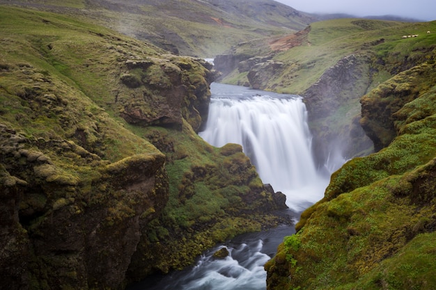 Бесплатное фото Красивый снимок водопада, спускающегося каскадом с зеленых гор в исландии