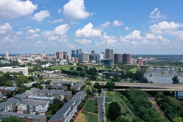 Beautiful shot of Richmond, Virginia skyline with a cloudy blue sky