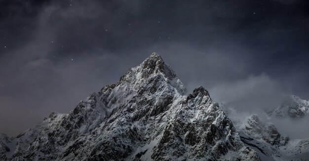 Beautiful shot of rocky mountains covered with white snow