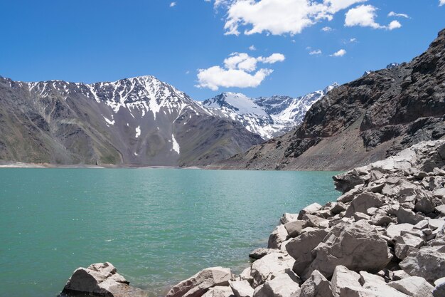 Beautiful shot of rocky mountains and hills next to a lake