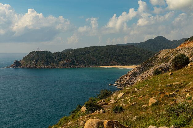 Beautiful shot of a sea near the mountains under a blue sky