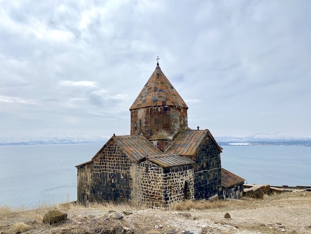 Beautiful shot of the Sevanavank monastery complex overlooking lake Sevan in Armenia