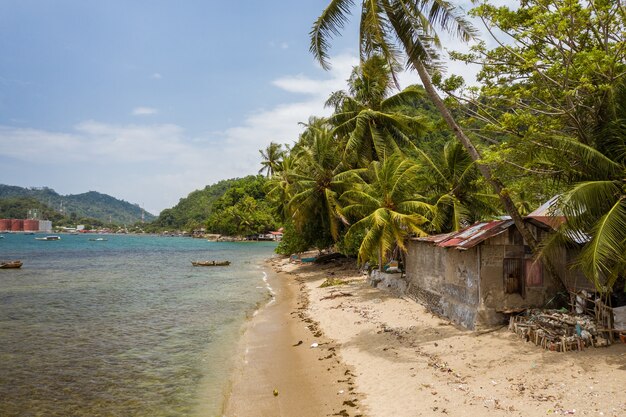 Beautiful shot of a small house near the shore of the sea surrounded by palm trees in Indonesia