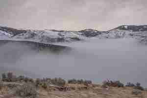 Foto gratuita bello colpo delle montagne nevose sopra la nebbia con un cielo nuvoloso