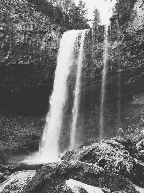 Красивая съемка высокого водопада в лесу