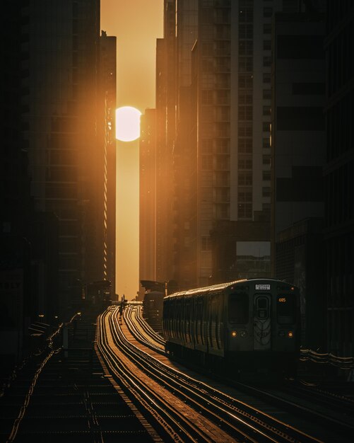 美しい夕日に向かって近代都市を疾走する列車の美しいショット