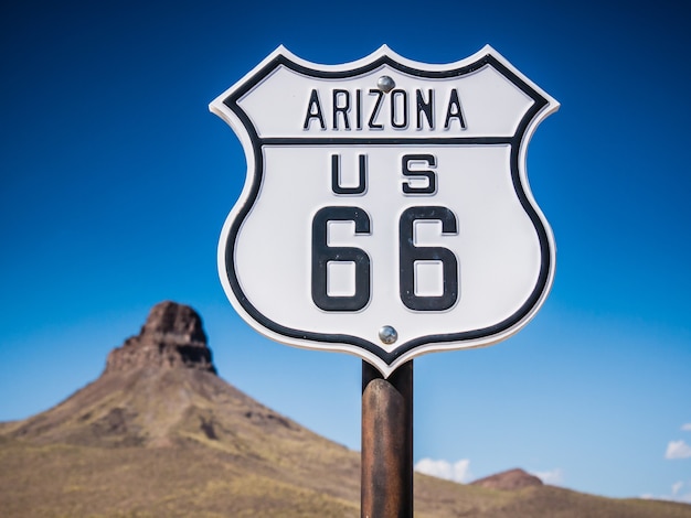Beautiful shot of U.S. Route 66 in Arizona, USA with a clear blue sky background