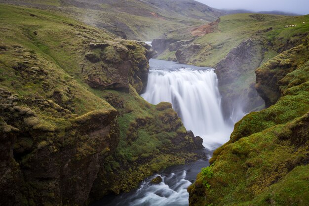 Beautiful shot of a waterfall cascading down green mountains in Iceland