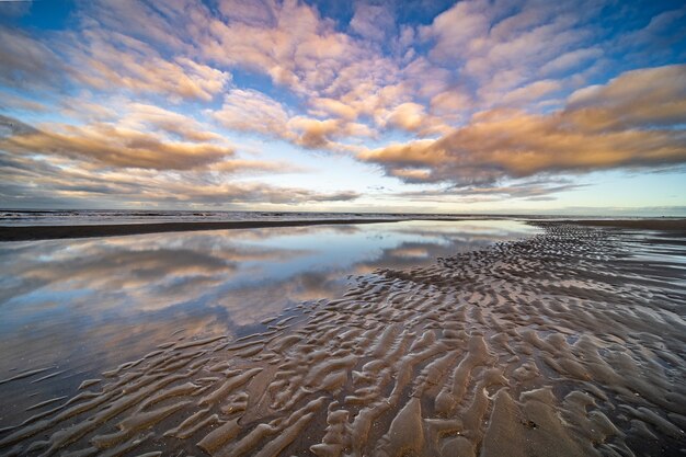 Beautiful shot of a wet seashore under a blue sky