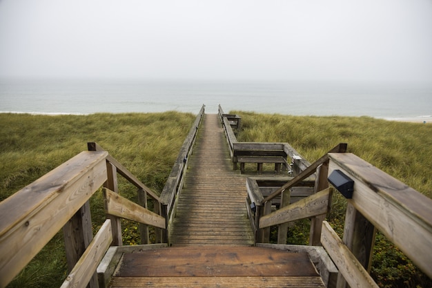 Beautiful shot of a wooden path in hills at the shore of the ocean in Sylt Island in Germany