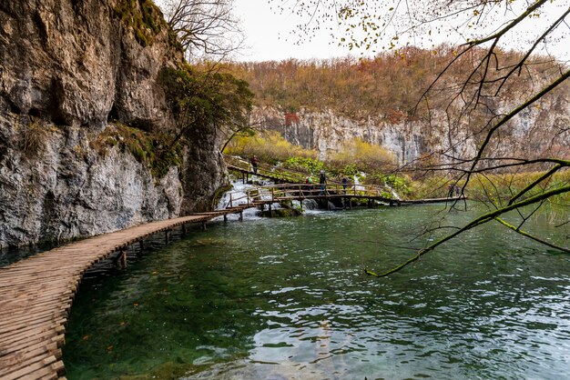 クロアチアのプリトヴィツェ湖群国立公園の木製の小道の美しいショット