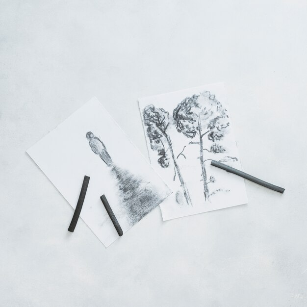 Beautiful sketches and charcoal pencil isolated on white background