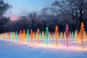 Free photo beautiful small christmas trees with lights outdoors