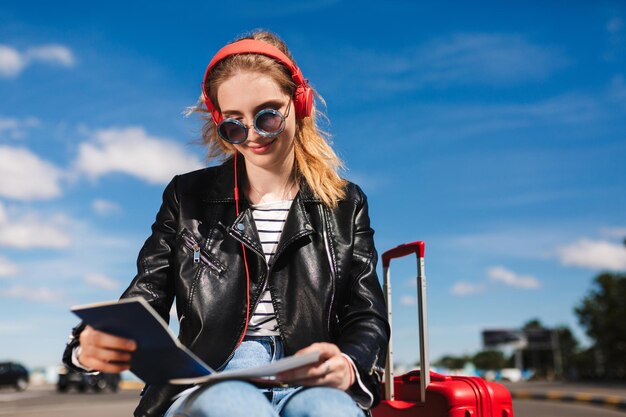 Free photo beautiful smiling girl in sunglasses and headphones happily looking on passport with red suitcase near