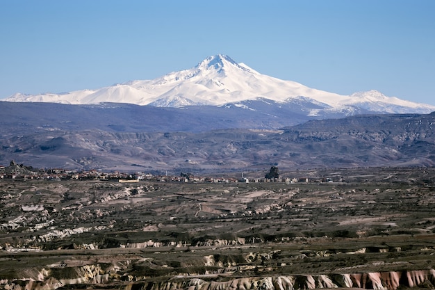 Beautiful snow-covered mountain in the background under a blue sky