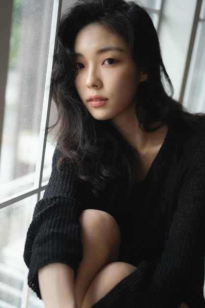 Красивая южнокорейская женщина сидит на подоконнике