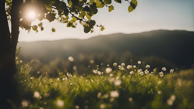 Foto gratuita bellissimo prato primaverile con fiori bianchi sotto i raggi del sole al tramonto