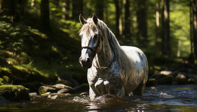 美しい種牡馬が静かな牧草地で放牧され、人工知能によって生成された自然の美しさを見せています