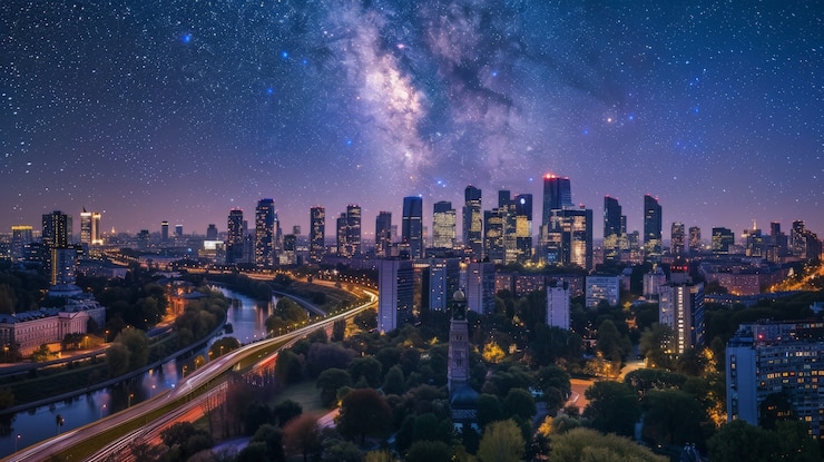 Free Photo beautiful starry sky over town