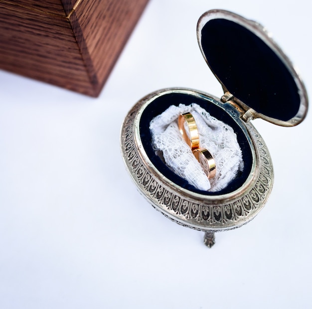 Beautiful stylish wedding rings in the vintage box