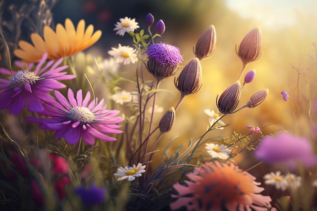 Foto gratuita bellissimi fiori estivi nel prato colorato sfondo floreale