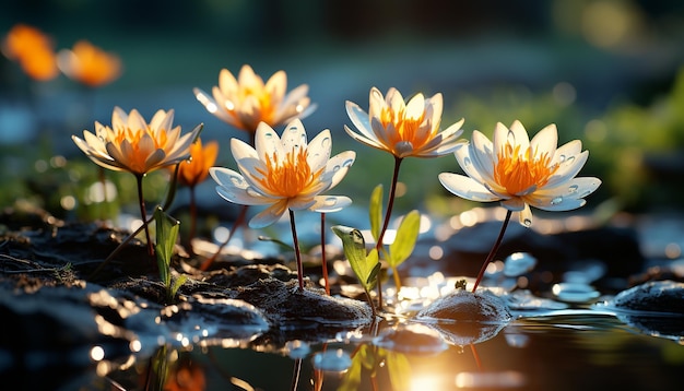 인공 지능에 의해 생성된 화려한 꽃과 고요한 물 반사가 있는 아름다운 여름 초원