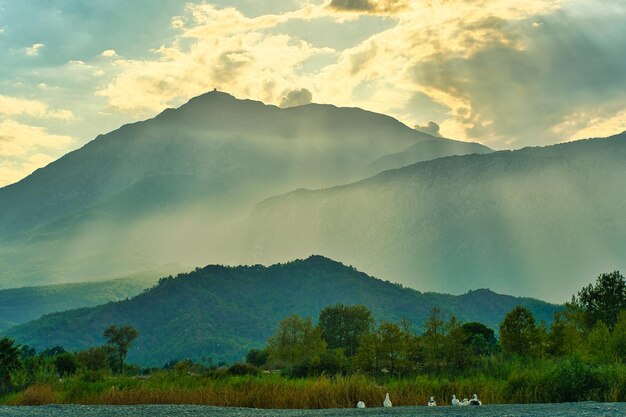 Beautiful sun shining across the mountains