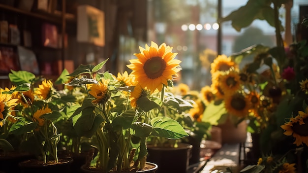 Free photo beautiful sunflowers in pots indoors