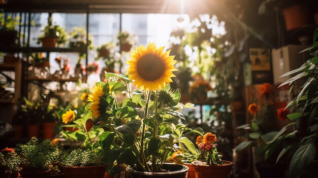 Beautiful sunflowers in pots indoors