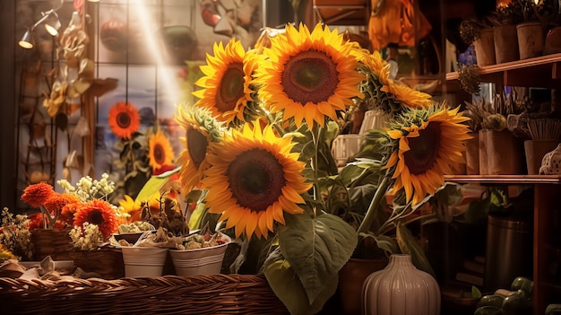 Beautiful sunflowers in vase indoors