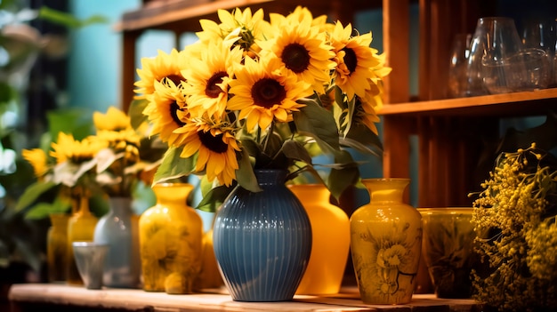 Beautiful sunflowers in vase indoors