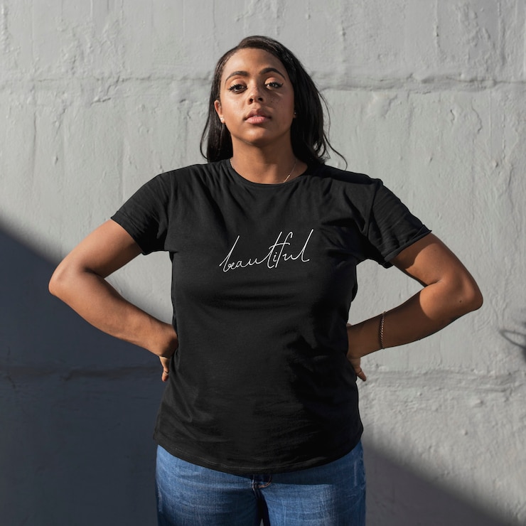 Free Photo beautiful t-shirt black women’s simple streetwear outdoor shoot