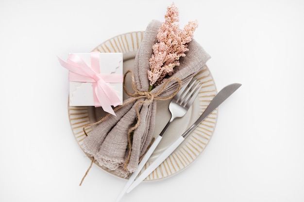 Beautiful top view table setting for Valentines on white