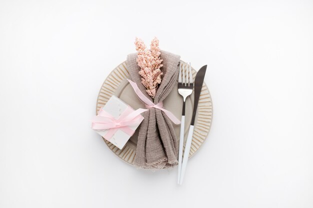 Beautiful top view table setting for Valentines on white