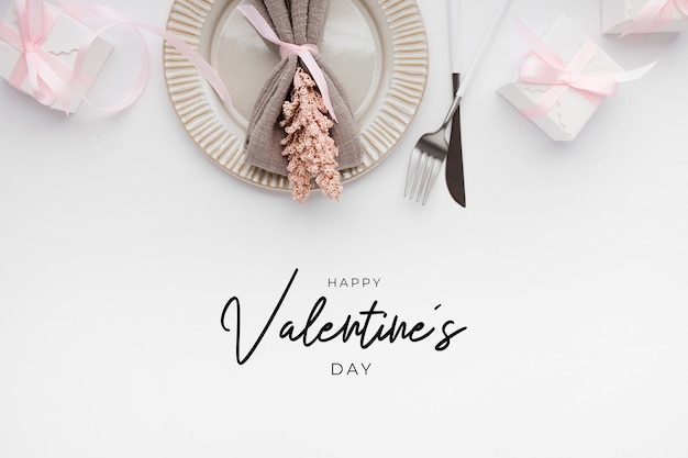 Free photo beautiful top view table setting for valentines on white
