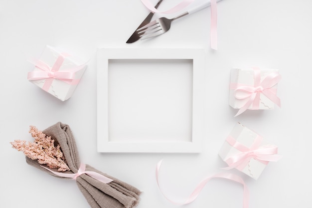 Beautiful top view table setting for Valentines on white