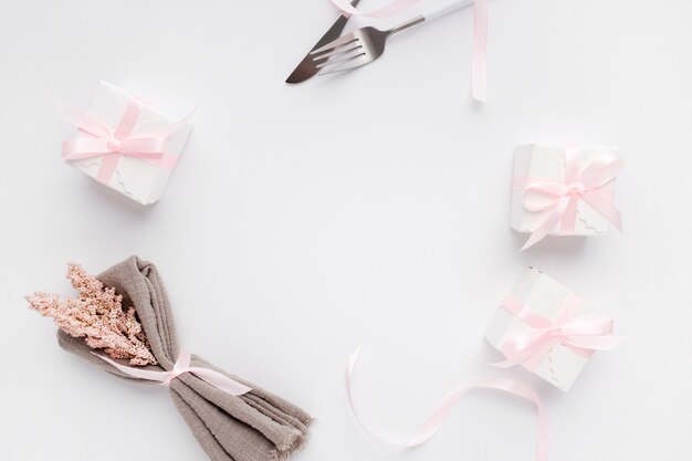 Beautiful top view table setting for Valentines on white