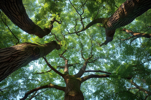 Bella prospettiva del baldacchino degli alberi con paesaggio naturale