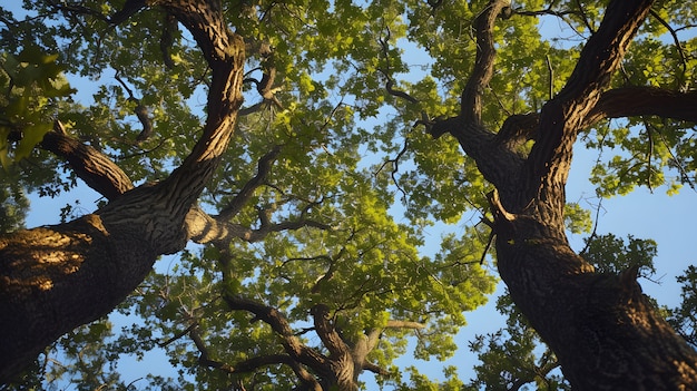 Bella prospettiva del baldacchino degli alberi con paesaggio naturale