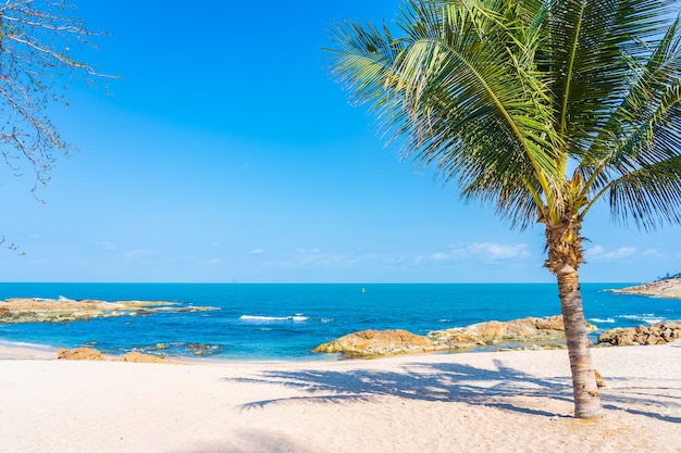 휴가 여행 배경 흰 구름 푸른 하늘 주위에 코코넛 야자수와 아름 다운 열 대 해변 바다 바다