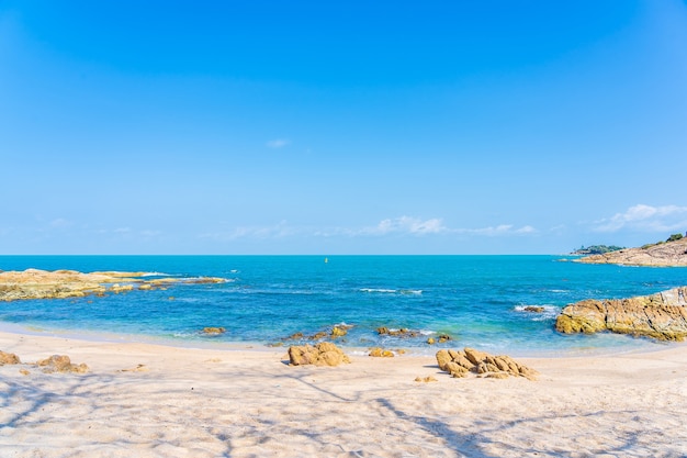 Красивый тропический пляж морской океан с кокосовой пальмой вокруг белого облака голубого неба для фона путешествия отпуска