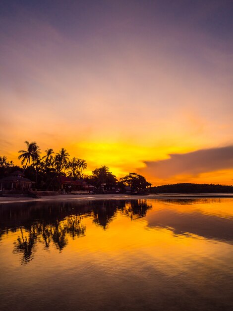 일출 시간에 코코넛 야자 나무와 아름다운 열대 해변 바다와 바다
