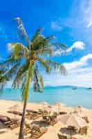 Foto gratuita bei mare ed oceano tropicali della spiaggia con l'albero del cocco ed ombrello e sedia su cielo blu