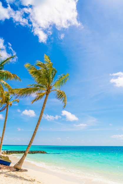 美しい熱帯のモルディブ諸島、白い砂浜と海辺のヤシの木がある海