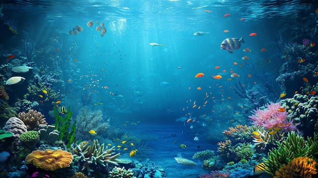 A beautiful underwater landscape with fish and corals