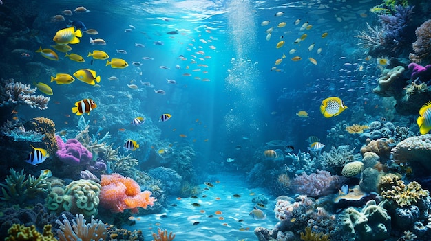 A beautiful underwater landscape with fish and corals