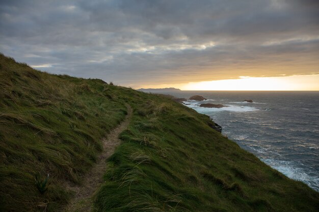 Beautiful view of the coast of Valdovino covered in the grass on a cloudy day in Galicia, Spain